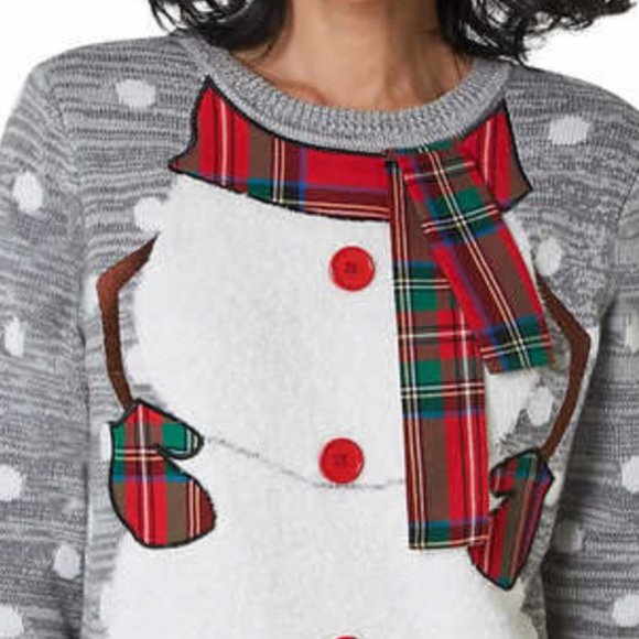 NWT To Be Jolly Holiday Ugly Sweater Gray Feather Snowman Body Real Plaid Scarf - Picture 8 of 11